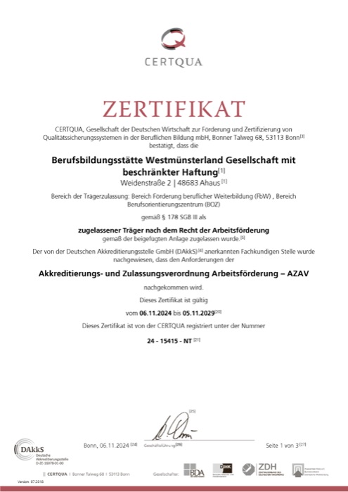 AZAV-Zertifikat – Berufsbildungsstätte Westmünsterland GmbH