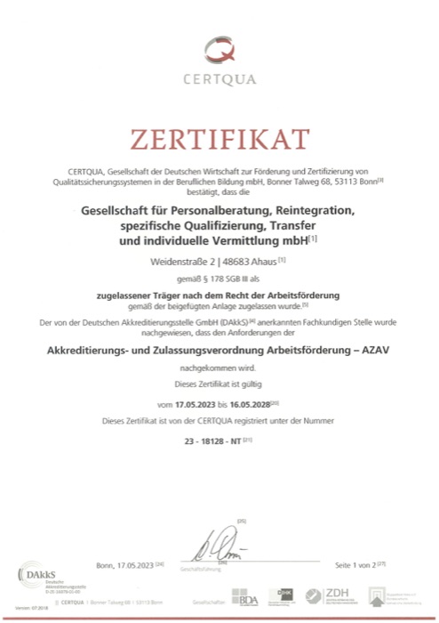 AZAV-Zertifikat – Perspeqtive GmbH
