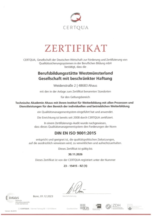 ISO 9001 Zertifikat – Technische Akademie Ahaus