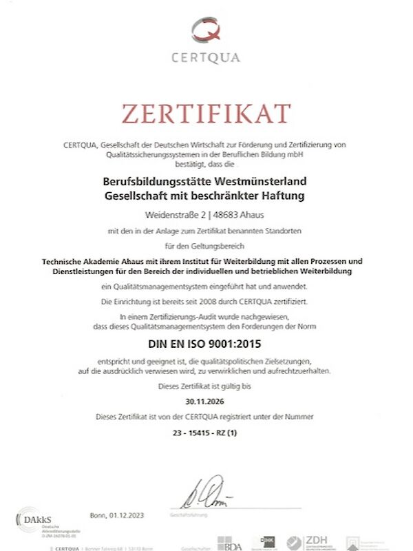 ISO 9001 Zertifikat – Technische Akademie Ahaus