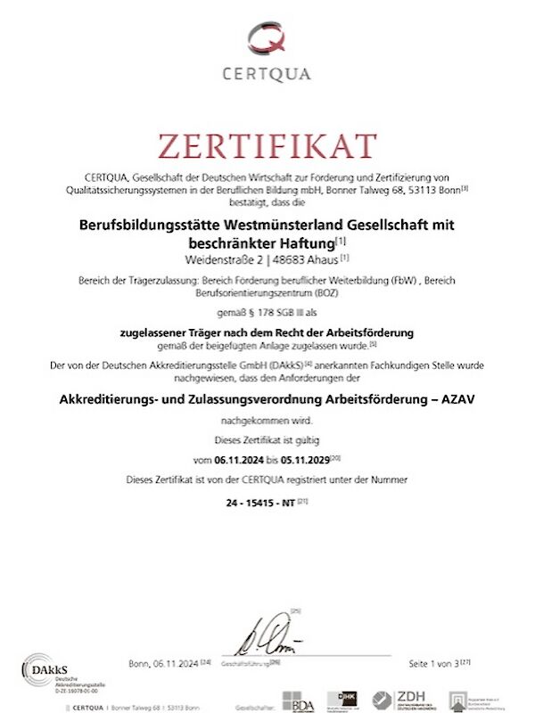 AZAV-Zertifikat – Berufsbildungsstätte Westmünsterland GmbH